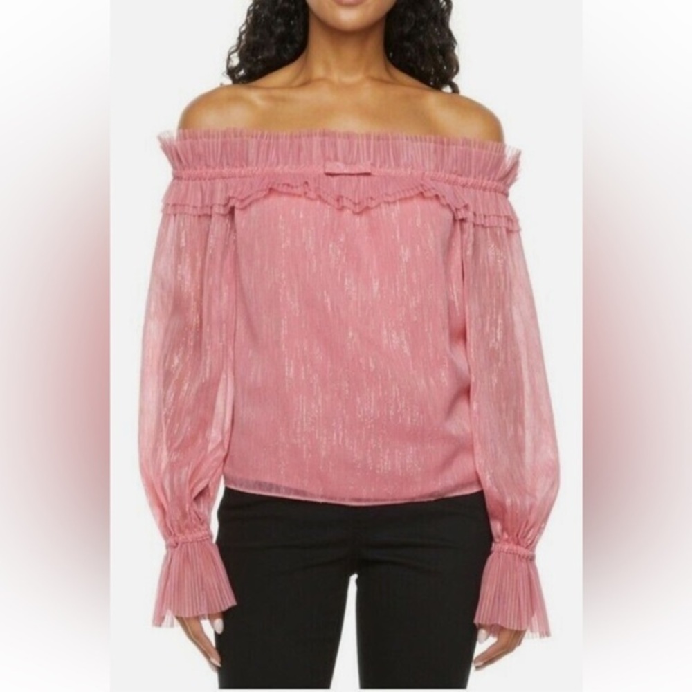 Ryegrass Woman’s Off-Shoulder Ruffled Pink Blouse